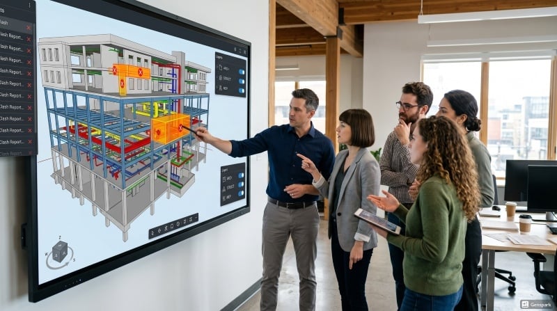 Engineers reviewing BIM model for coordination and clash detection in office.