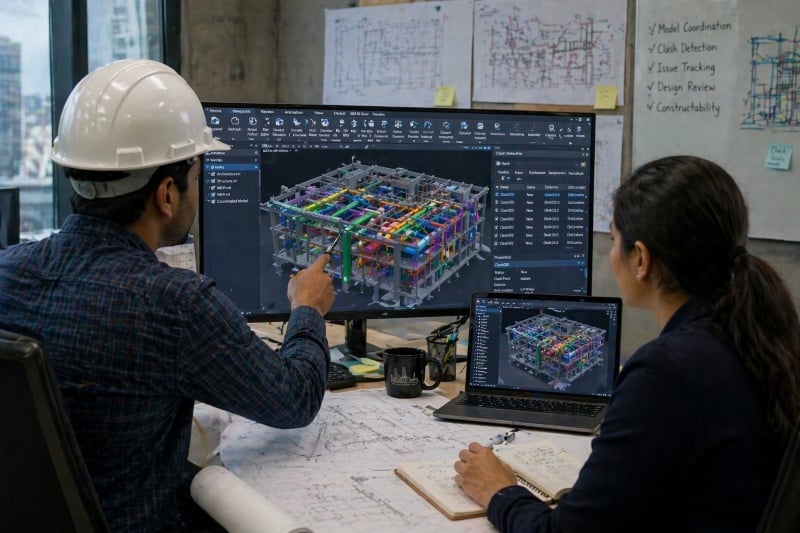 Engineers reviewing BIM model on the screen.