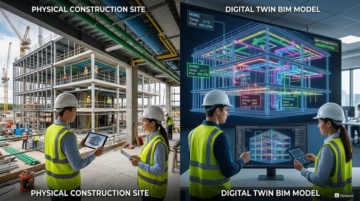 Engineers reviewing MEP clash detection in BIM model.