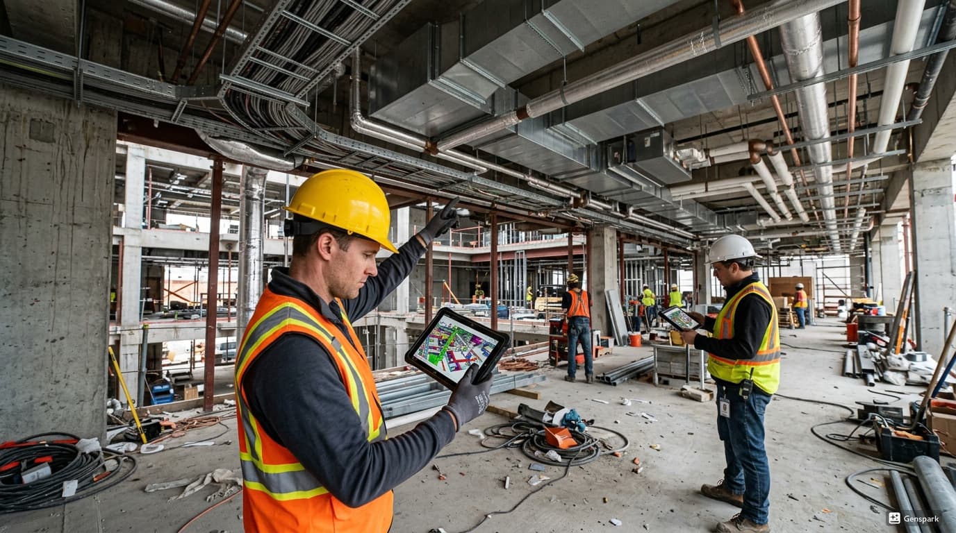 Engineers using BIM tablets on construction site for MEP installation coordination.