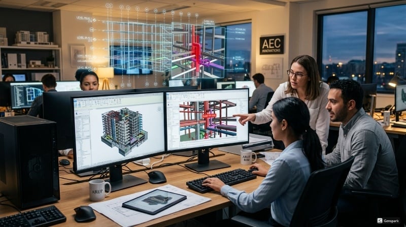 Engineers working on BIM 3D design and planning on digital screens.