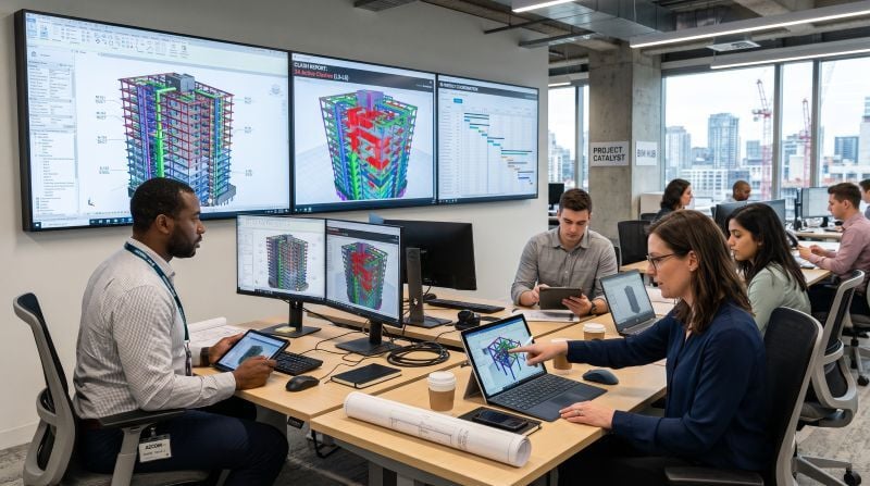 Engineers working on BIM models and digital construction systems.