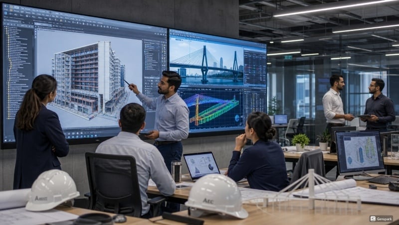 Engineers working on BIM models in a modern private sector office.