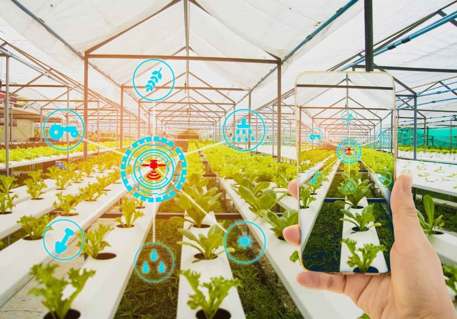 Environmental sensors monitoring indoor farming conditions.