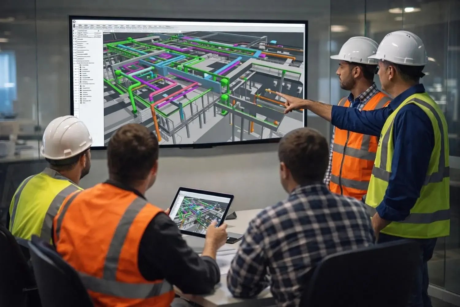 Experts reviewing BIM model during coordination meeting.