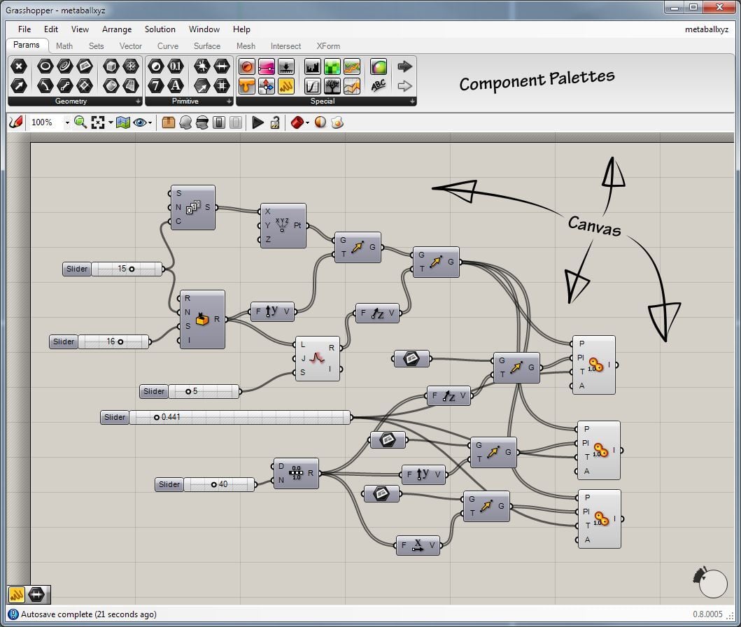 Grasshopper canvas showing parametric components.