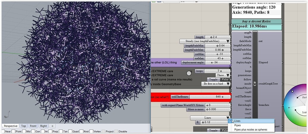 Grasshopper interface showing a complex, spiky 3D model.