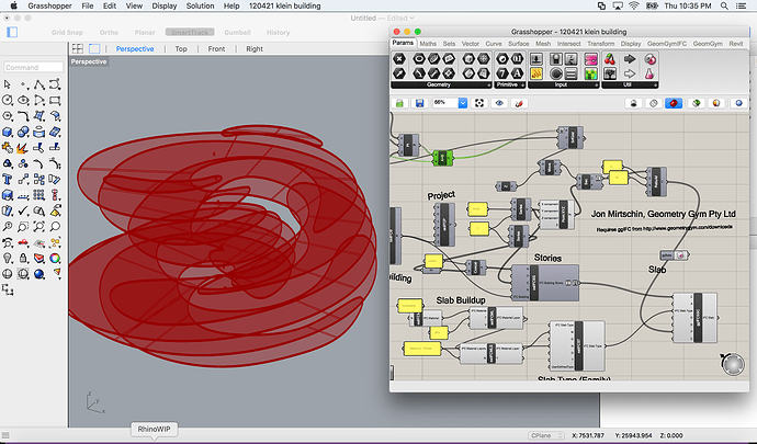 Grasshopper programming interface with a node network, alongside the Rhino 3D software displaying a 3D object.