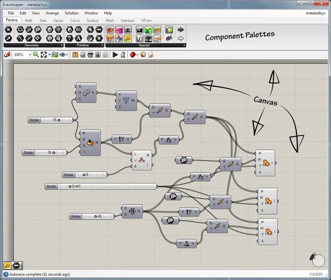 Grasshopper visual programming interface, showing a complex network of interconnected components.