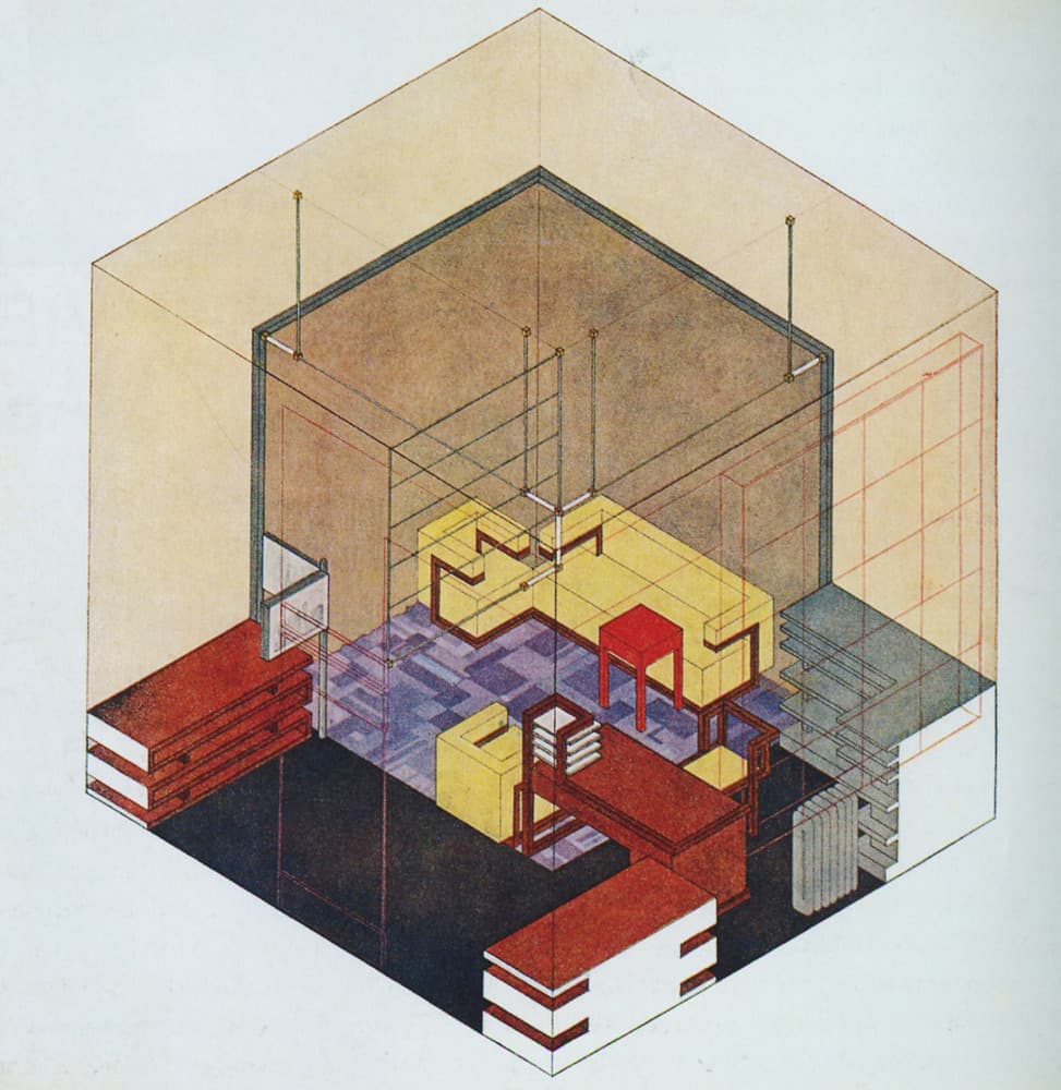  an image of Gropius’s Study drawn in isometric view by Herbert Bayer