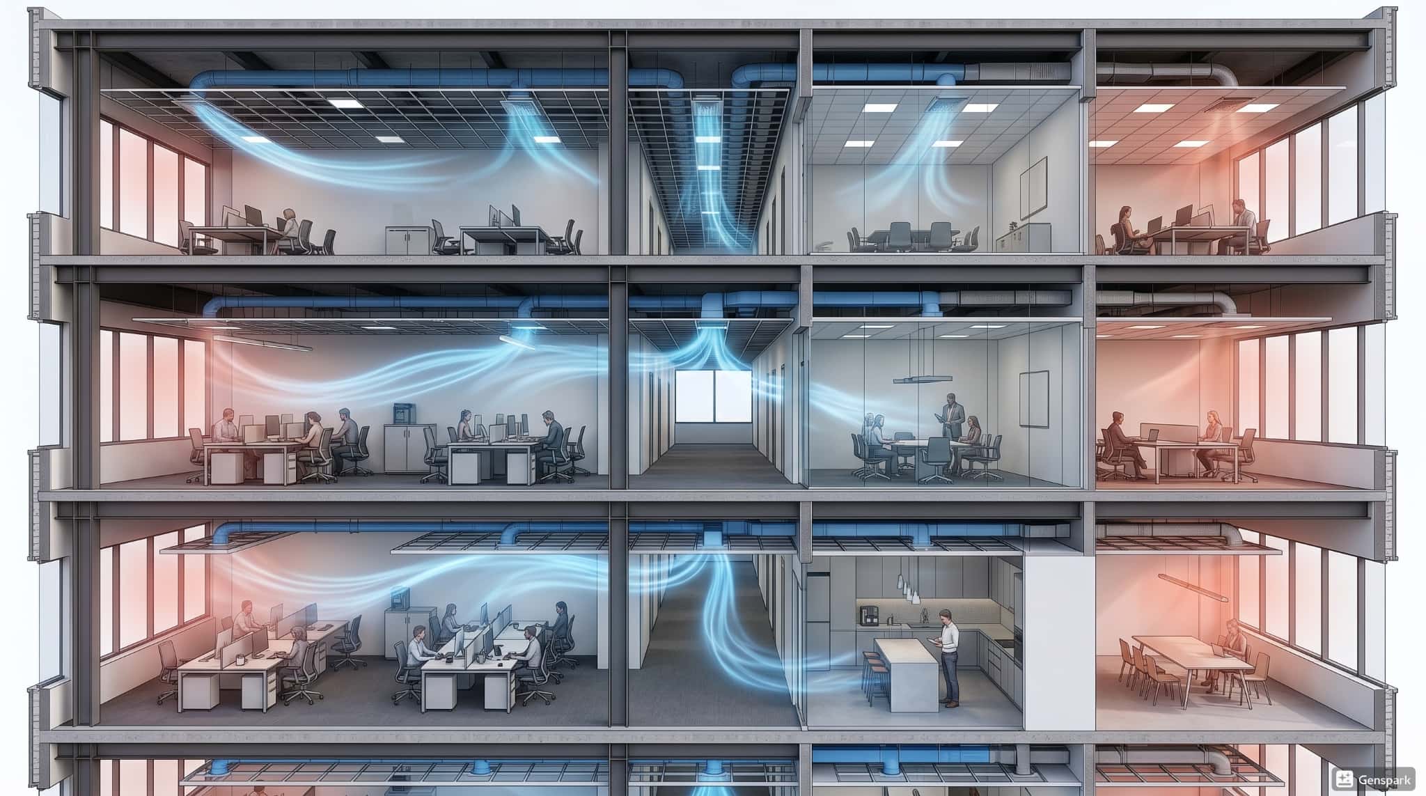 HVAC airflow simulation inside a building model.