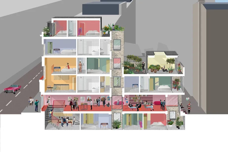 A sectional diagram showing the interior spaces colour-coded according to their functions