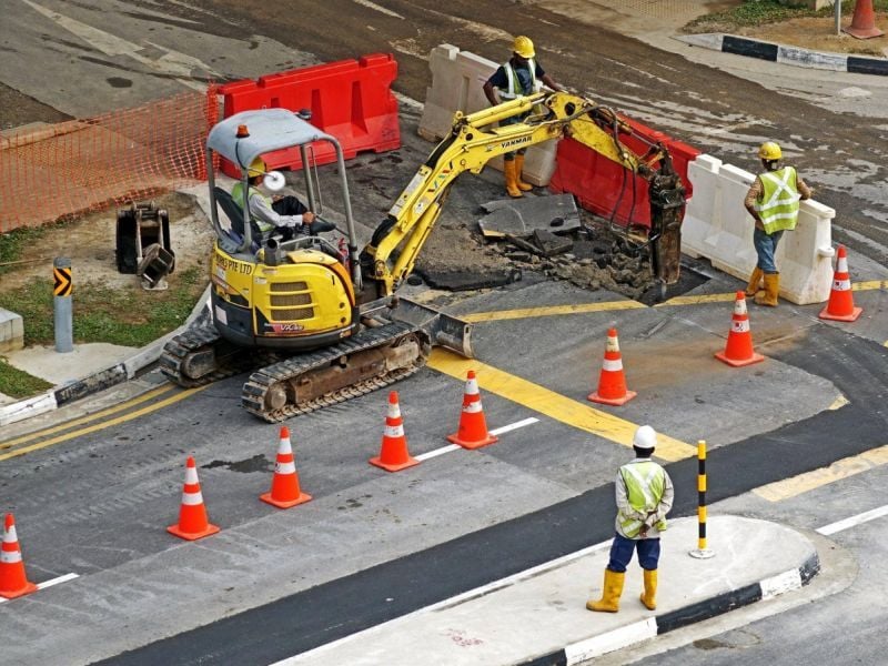 Highway construction crew working