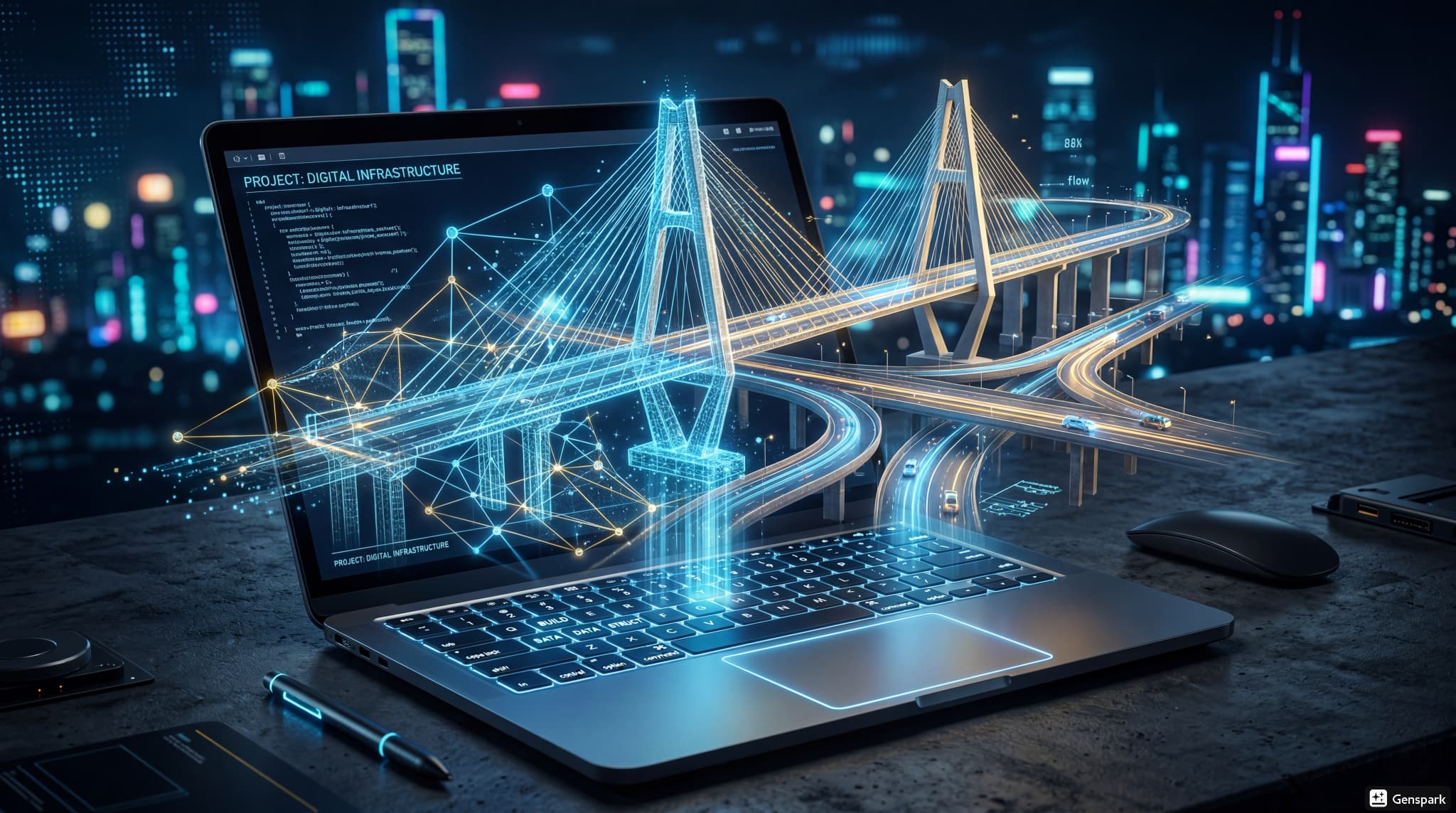 Holographic digital construction bridge model rising from a laptop keyboard.