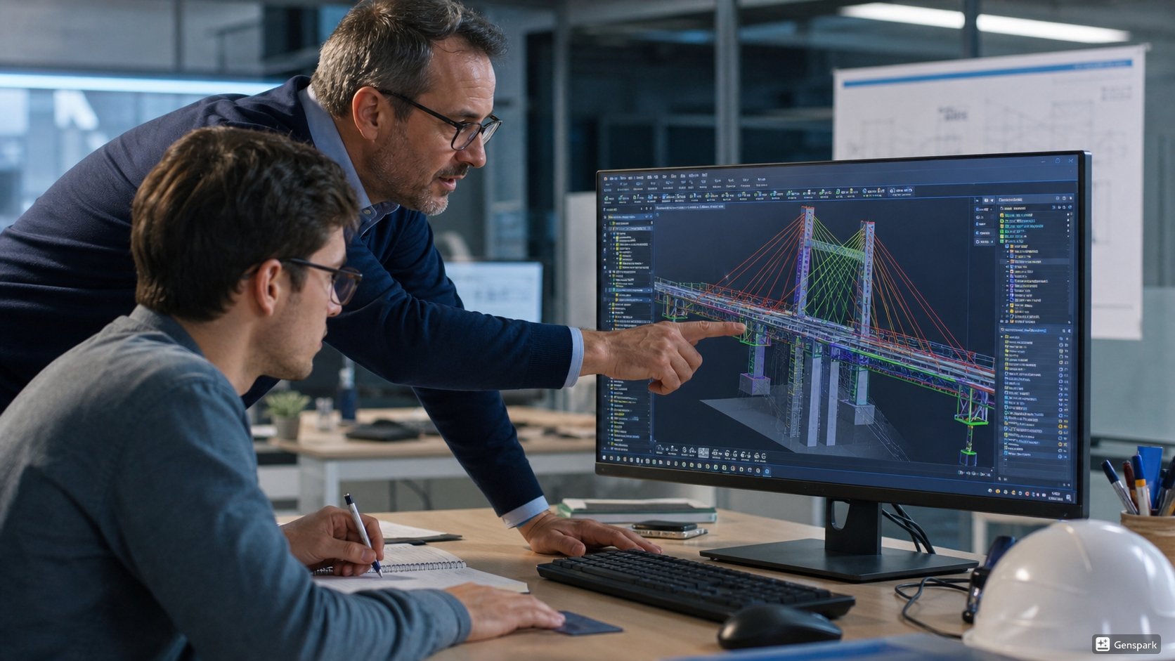 Industry mentor guiding an engineering student through a civil infrastructure BIM workflow.