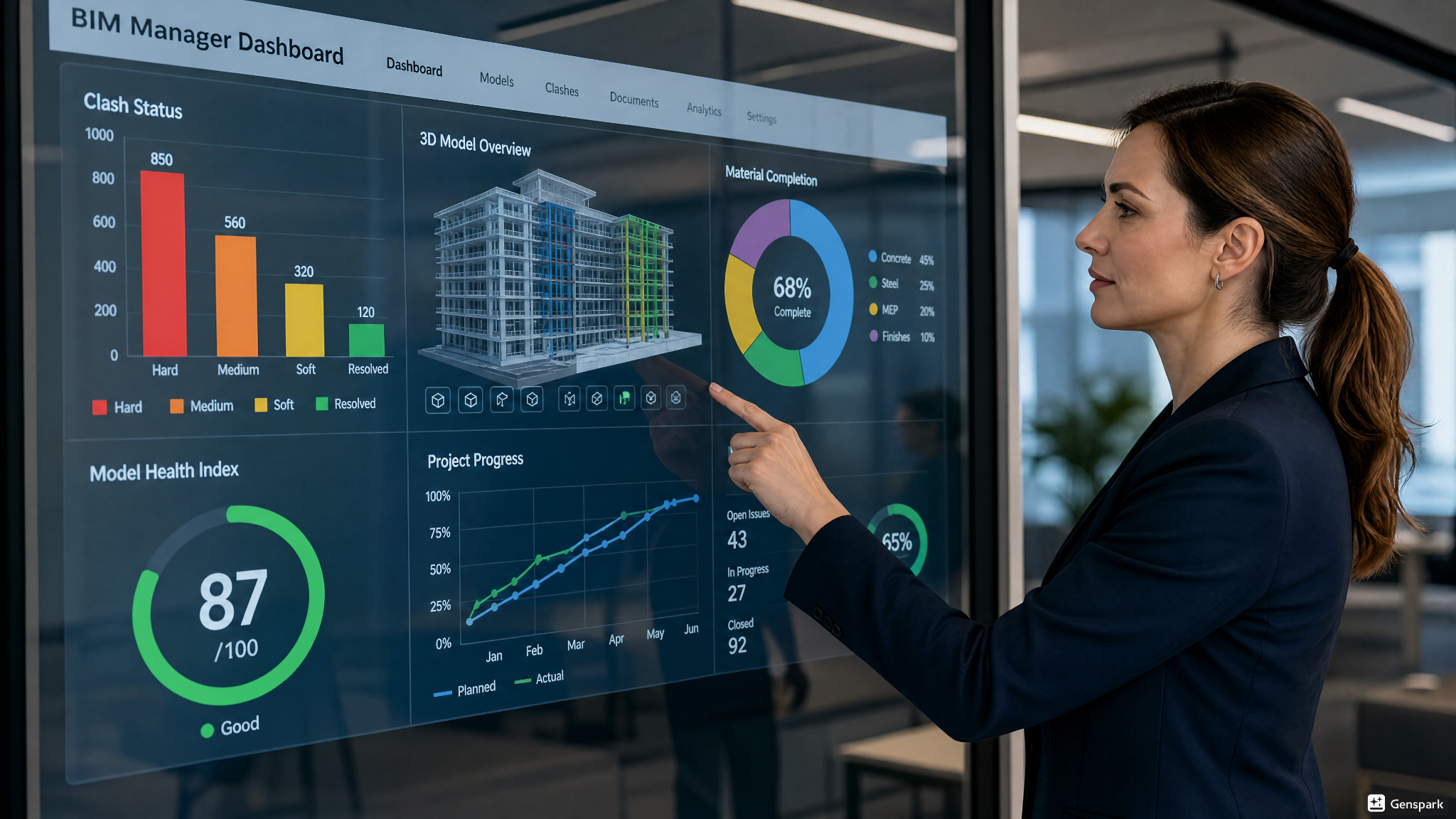 Interactive Power BI dashboard tracking construction material metrics and project data analytics.