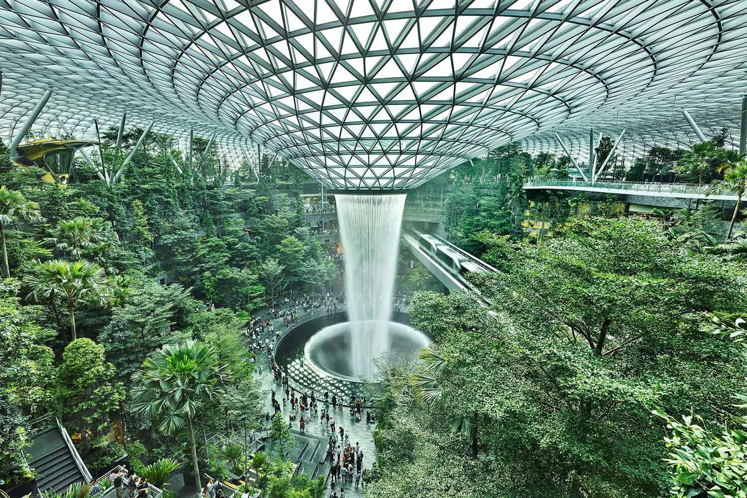 A panoramic view of Jewel Changi Airport’s front fountain