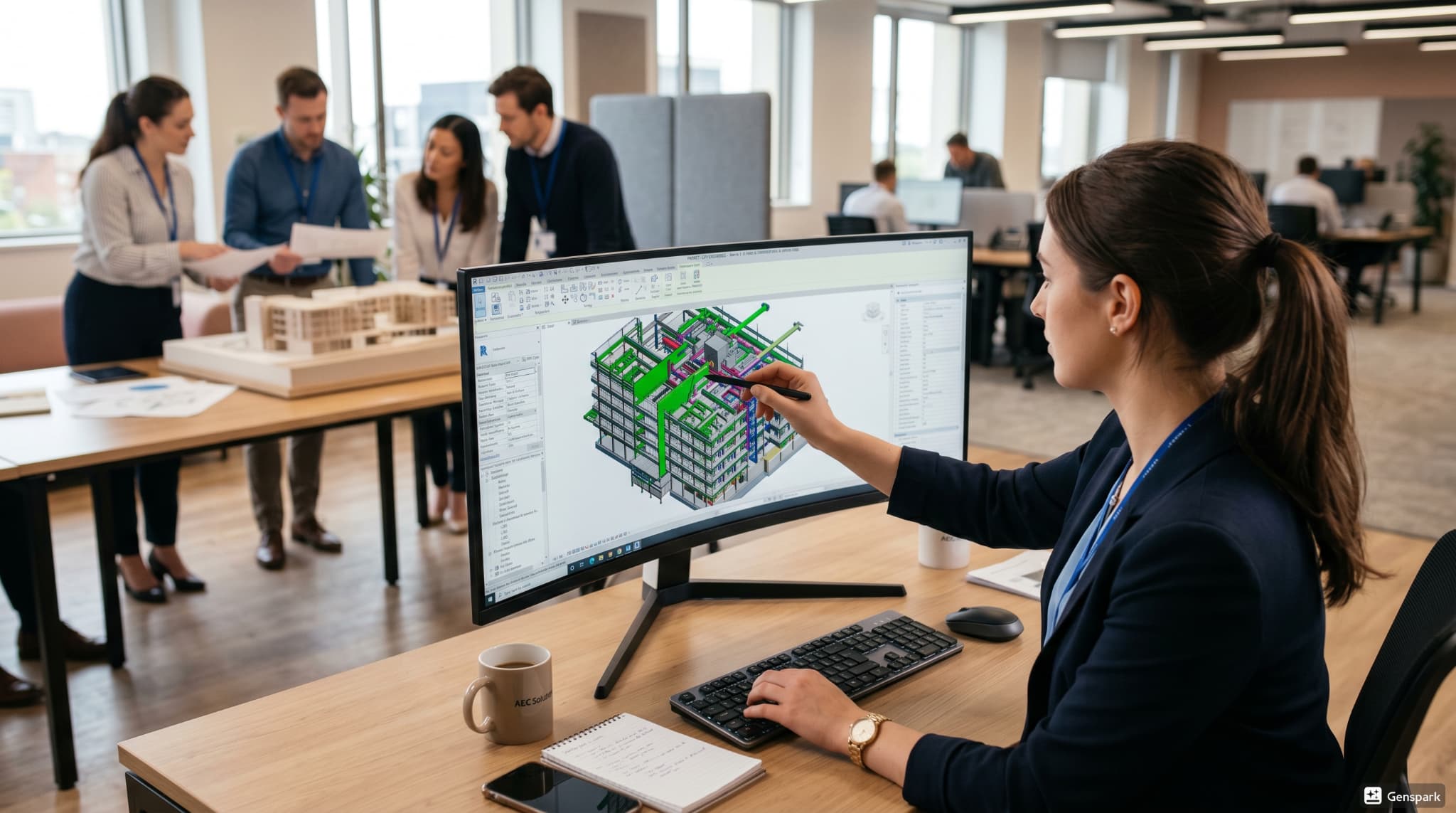 Junior engineer reviewing a coordinated BIM workflow model on a widescreen.