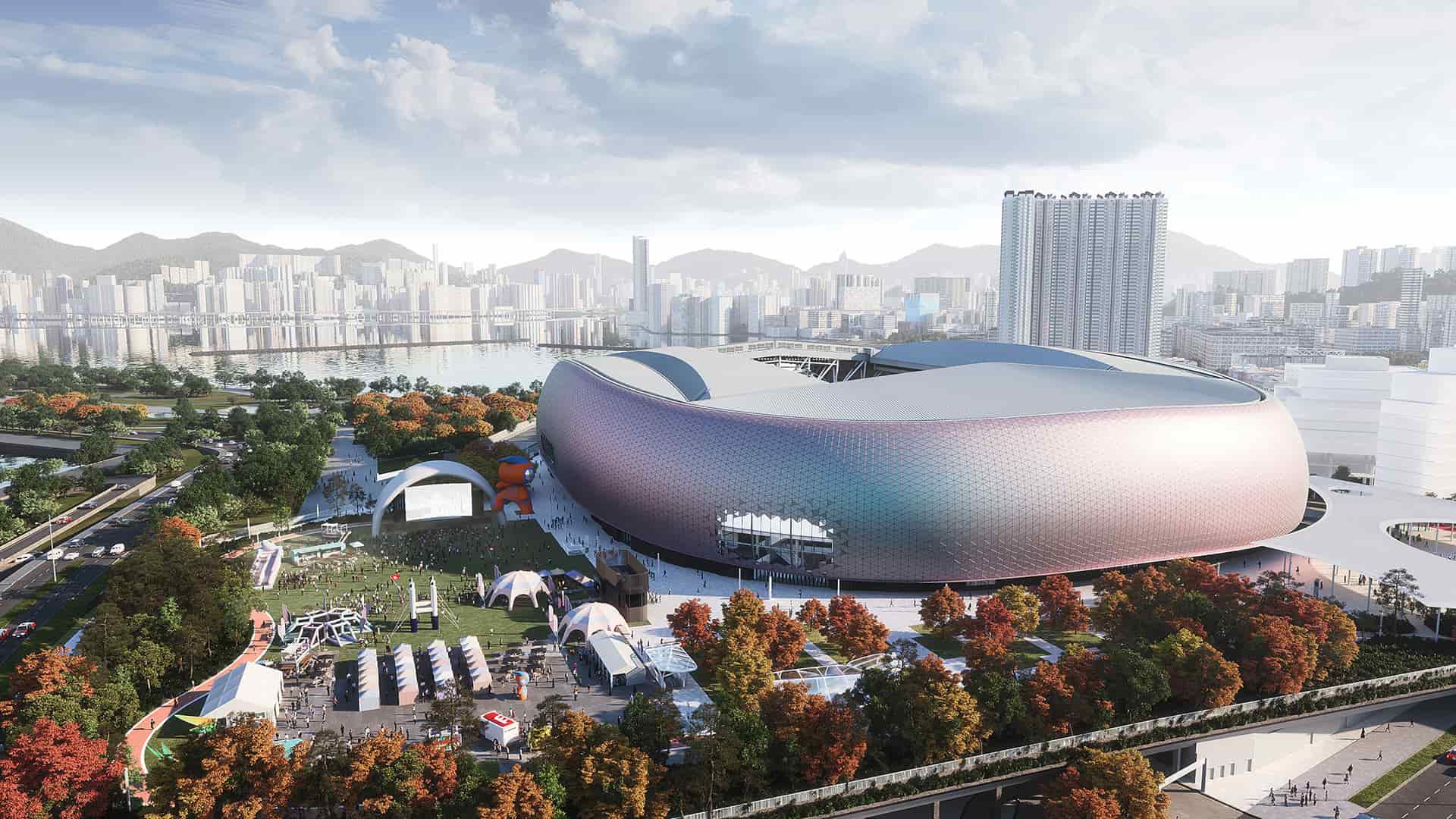 An architectural visualisation of Kai Tak Sports Park in Hong Kong