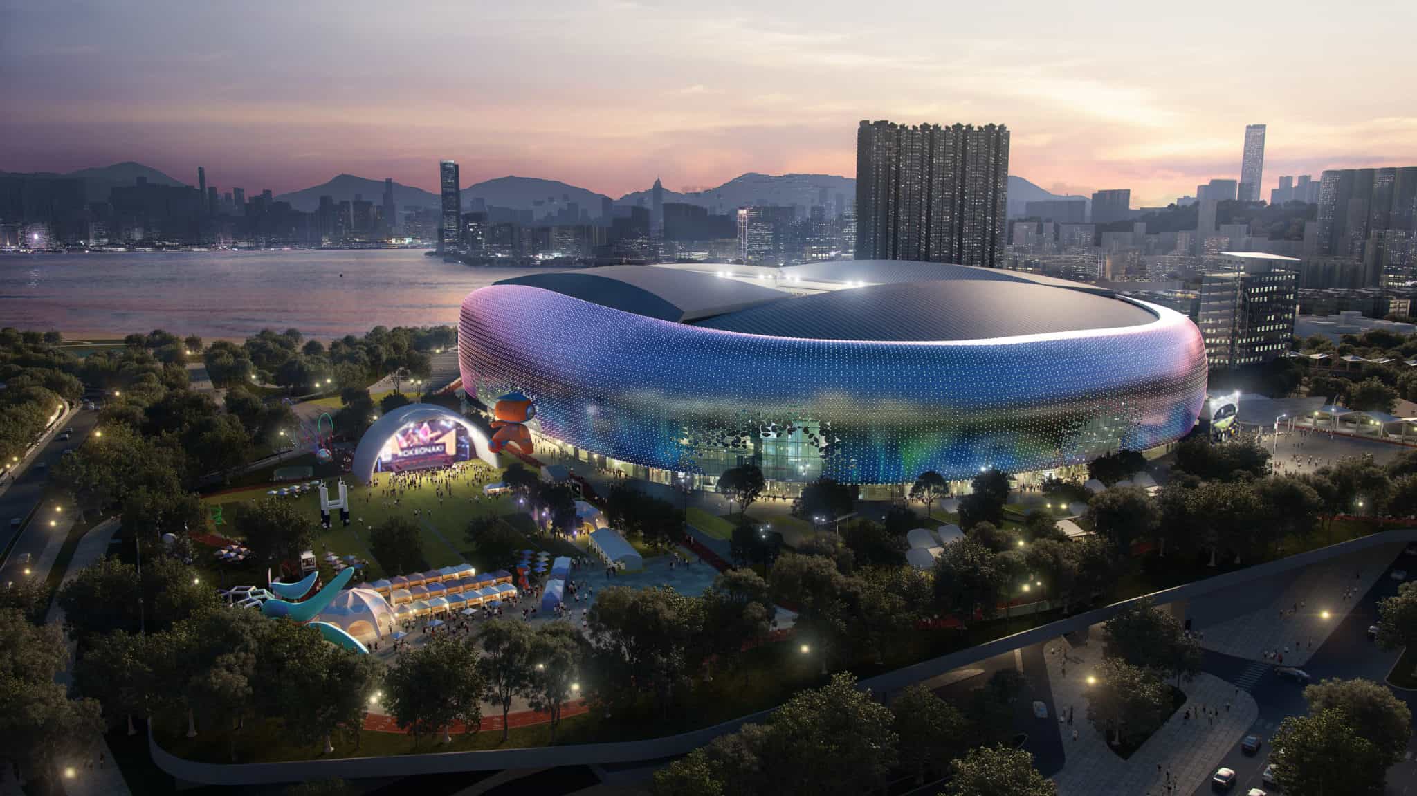 An architectural visualisation of Kai Tak Sports Park in Hong Kong at dusk