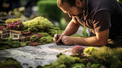 Landscape designer designing a model for planning