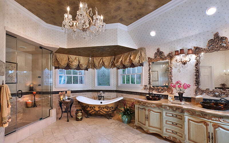 Luxury and royal washroom interior with a gold theme