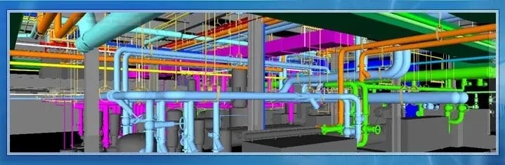 MEP BIM coordination showing ducts and pipes.