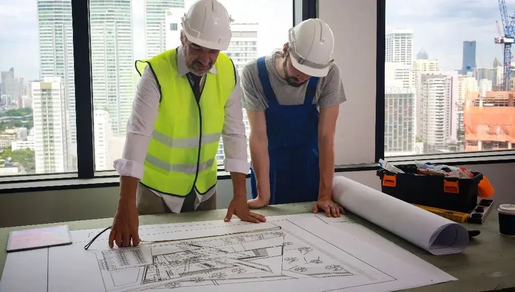 MEP engineers discussing working drawings