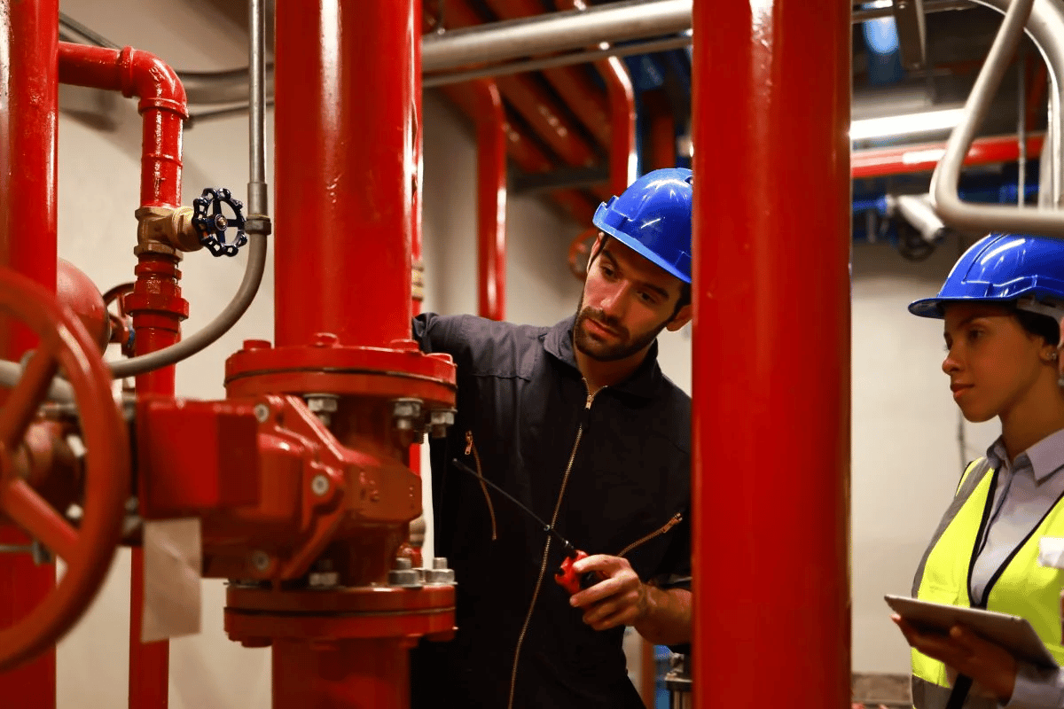 MEP engineers inspecting and maintaining fire protection piping and valve systems in a building.