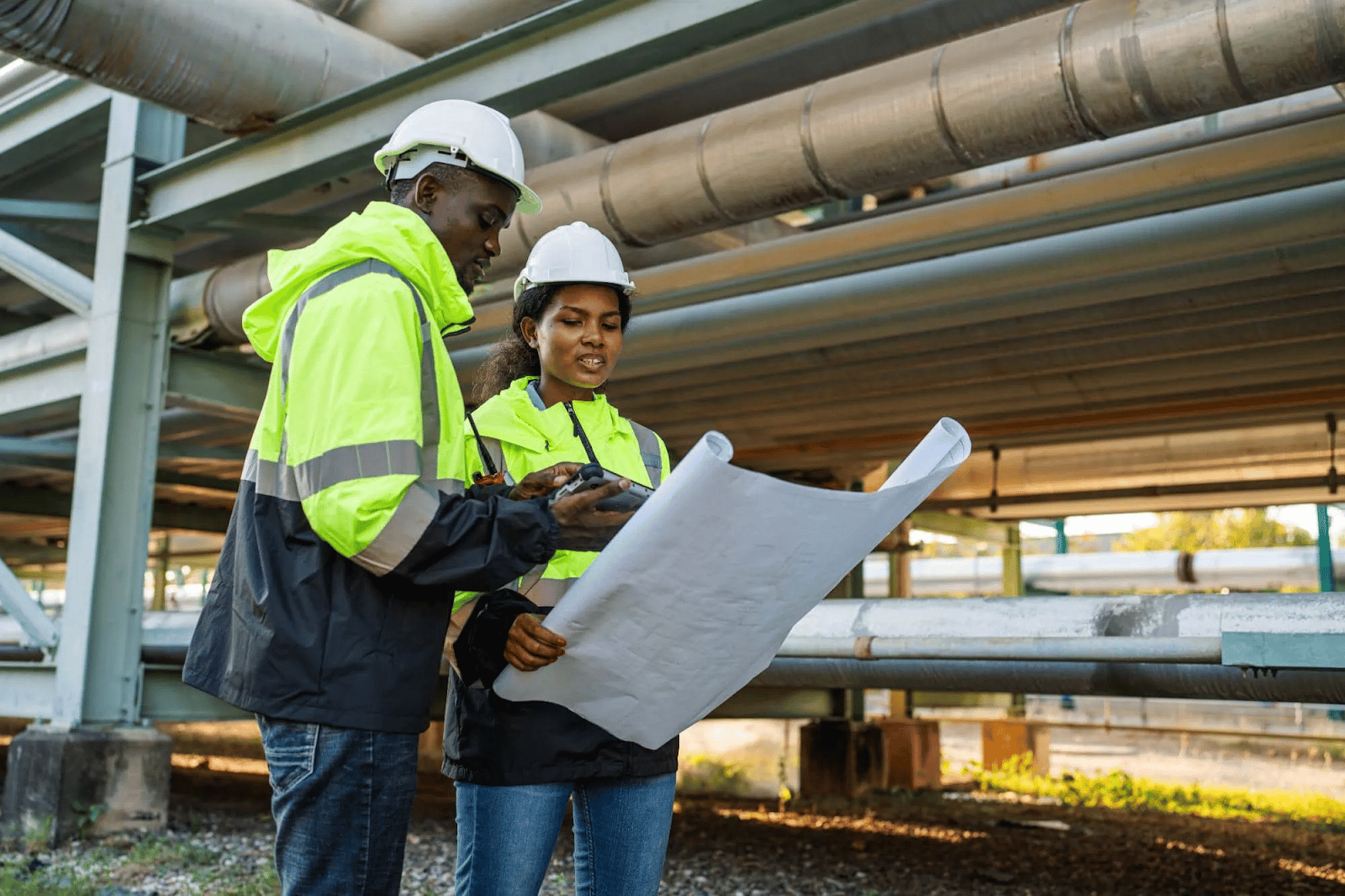 MEP engineers reviewing construction plans.