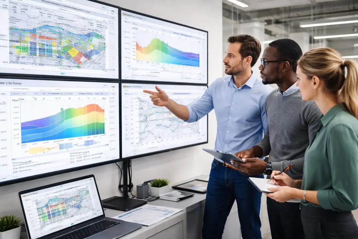 MEP engineers reviewing generative design energy simulations.