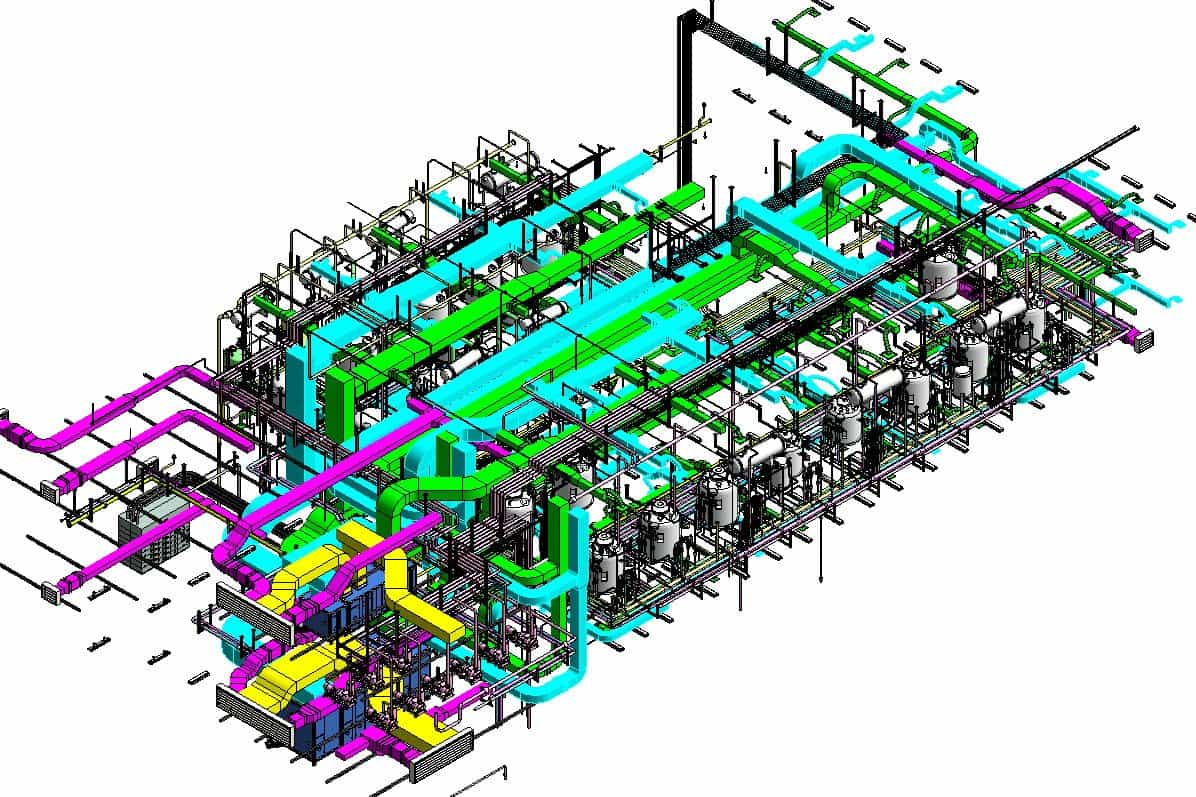 an isometric view of a BIM model for HVAC and piping system