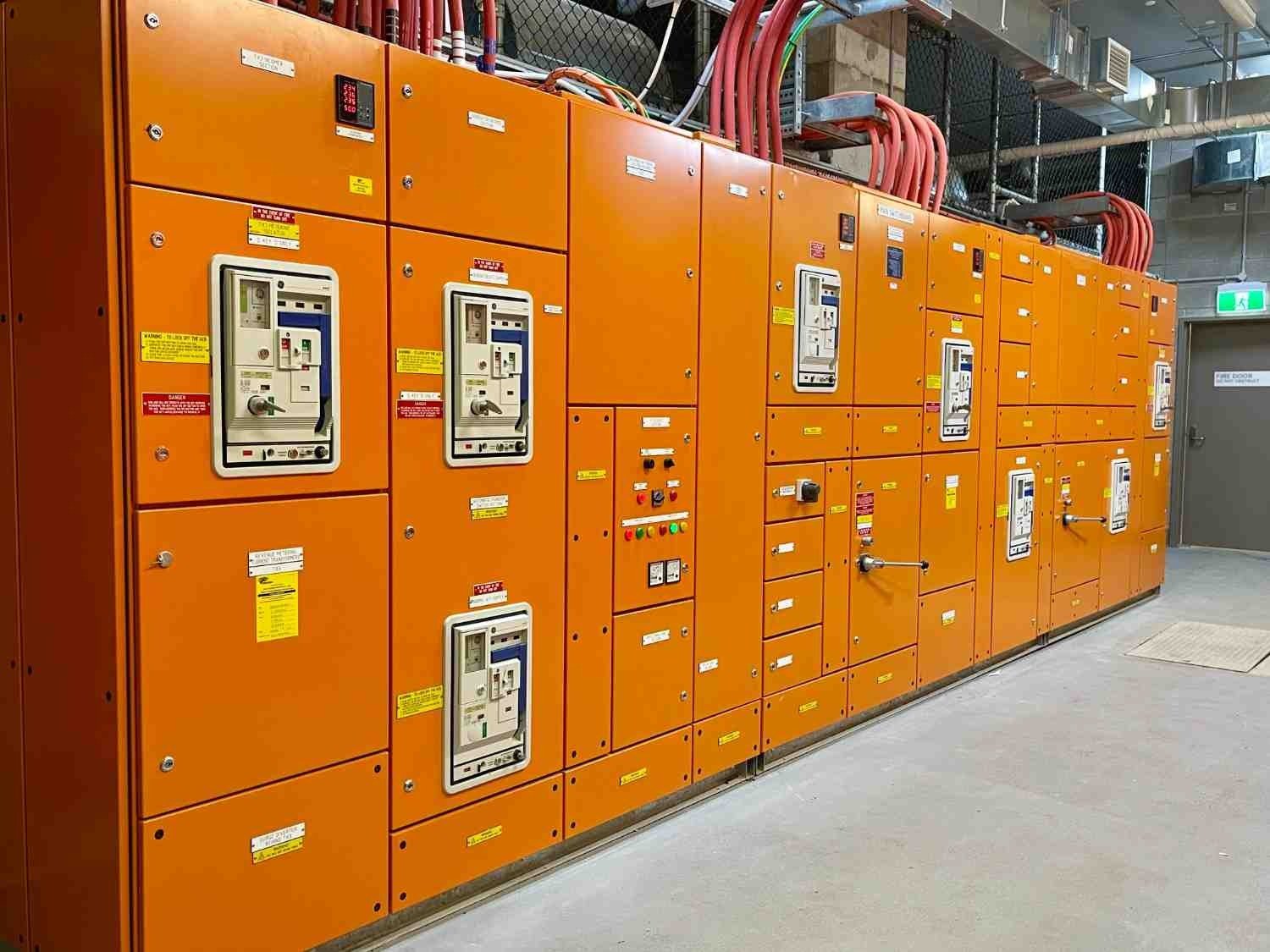 Main electrical switchboard for building load distribution.
