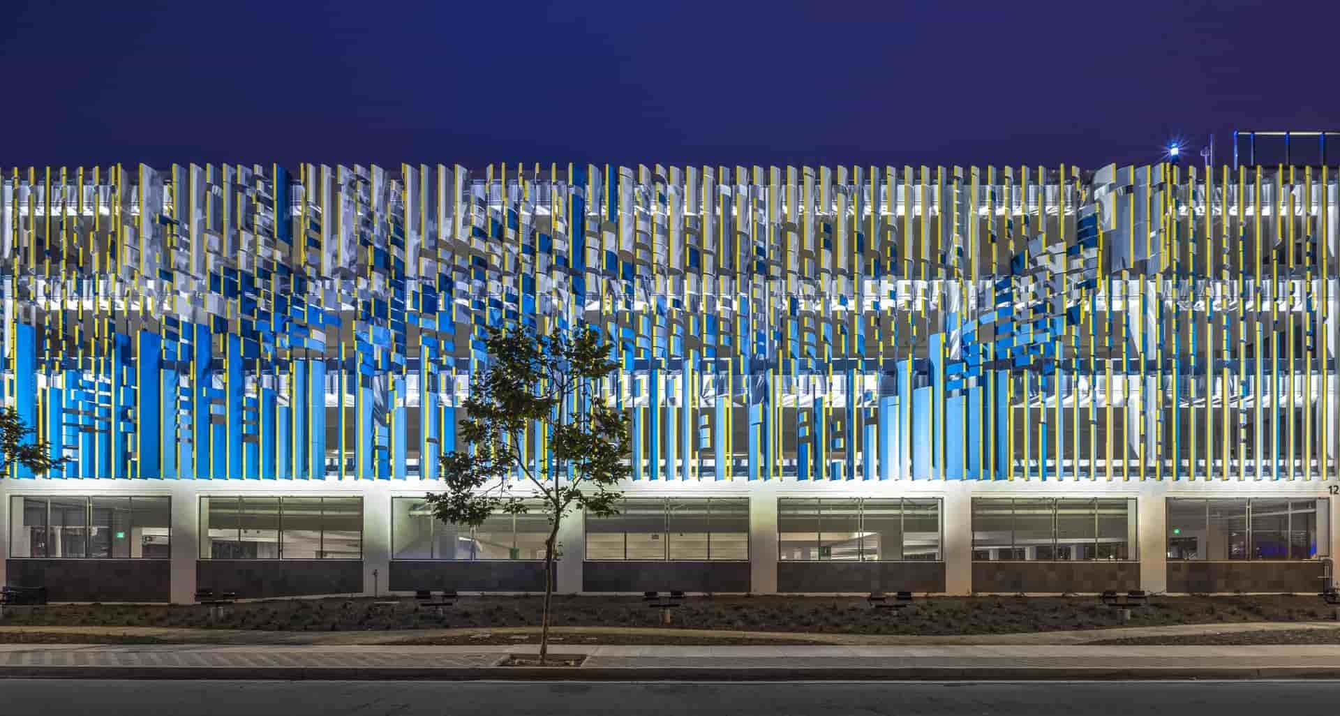 The aluminium panelled facade of Martin Luther King, Jr. Medical Campus Parking Structure