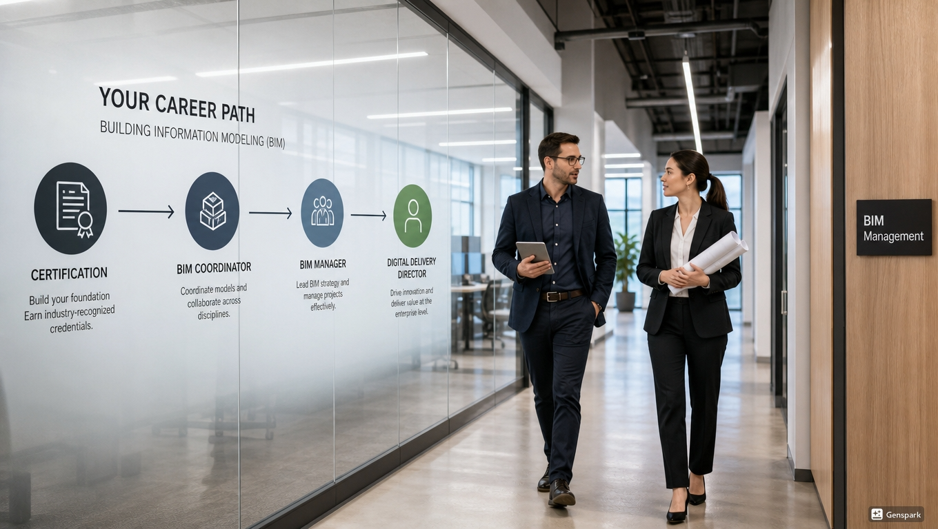 Modern architecture firm corridor featuring a visual infographic wall display of a BIM career progression path.