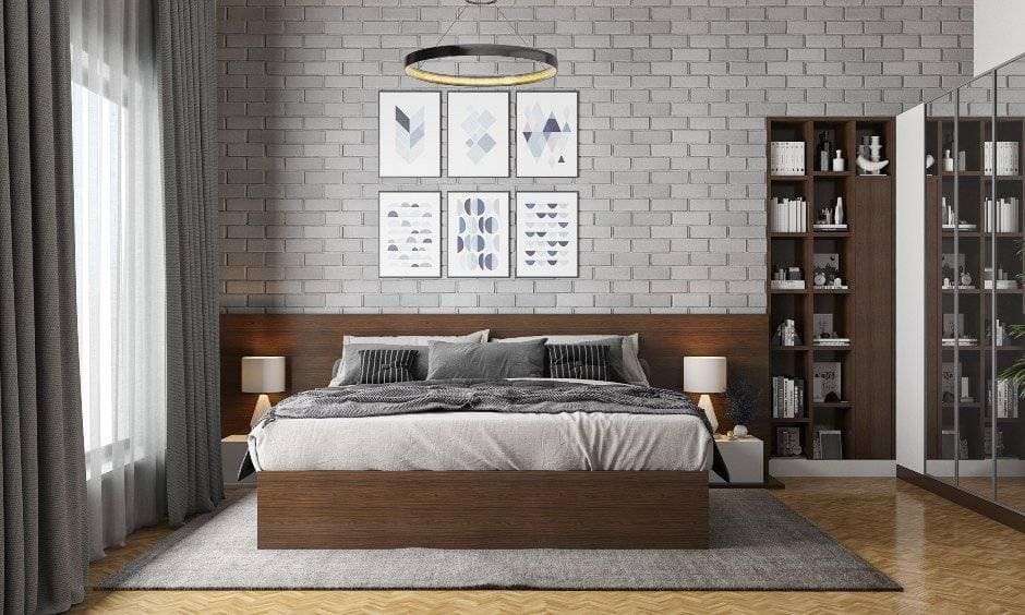 Modern bedroom design with brick wall cladding