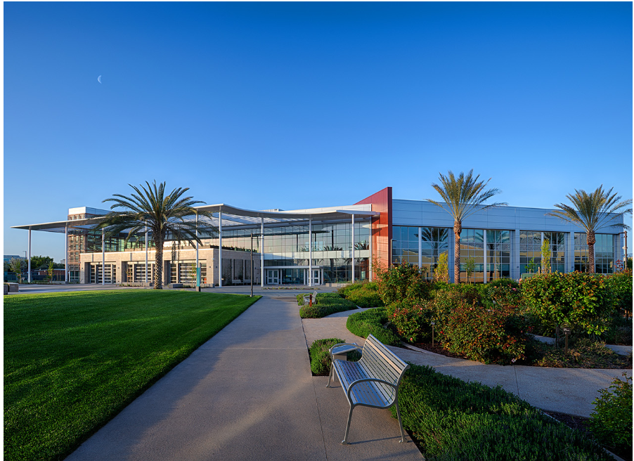 Modern civic building with palm trees