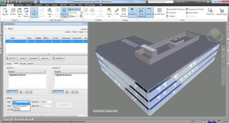 Navisworks interface showing a 3D digital model of a multi-story office building.