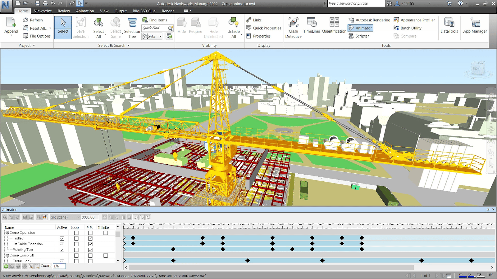 Navisworks interface showing crane operation simulation.