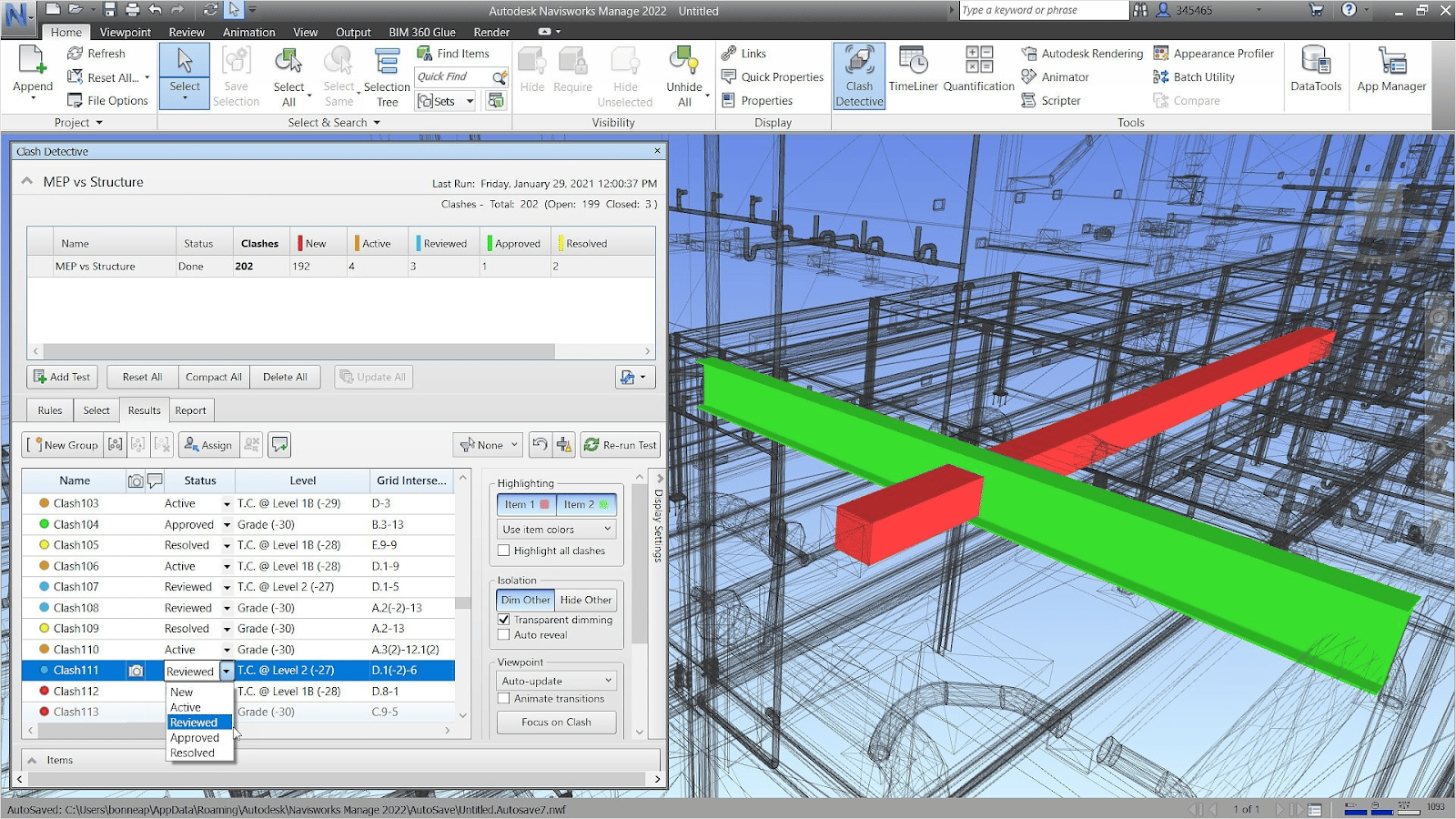 Navisworks interface showing model clash detection results.