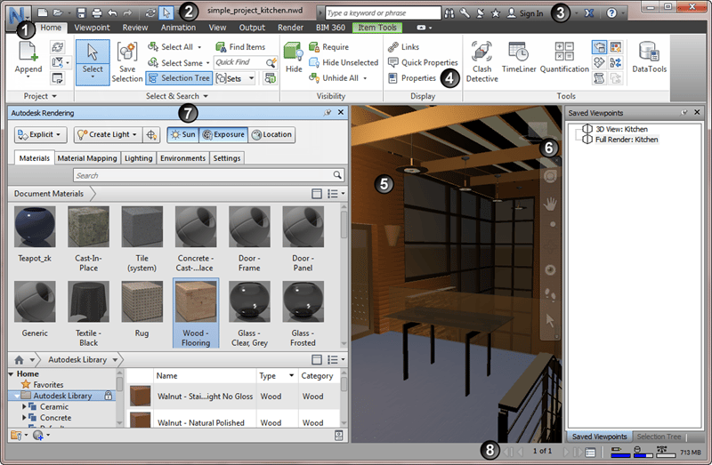 Navisworks interface with rendering and material settings.