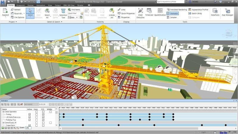 Navisworks software interface showing a 3D construction simulation