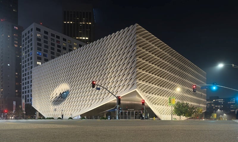 Nighttime view of the Broad in LA
