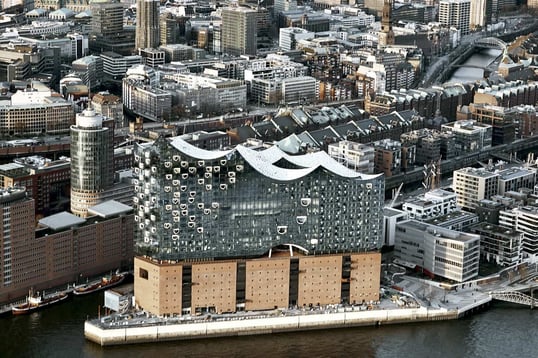 The aerial view of Elbphilharmonie against HafenCity