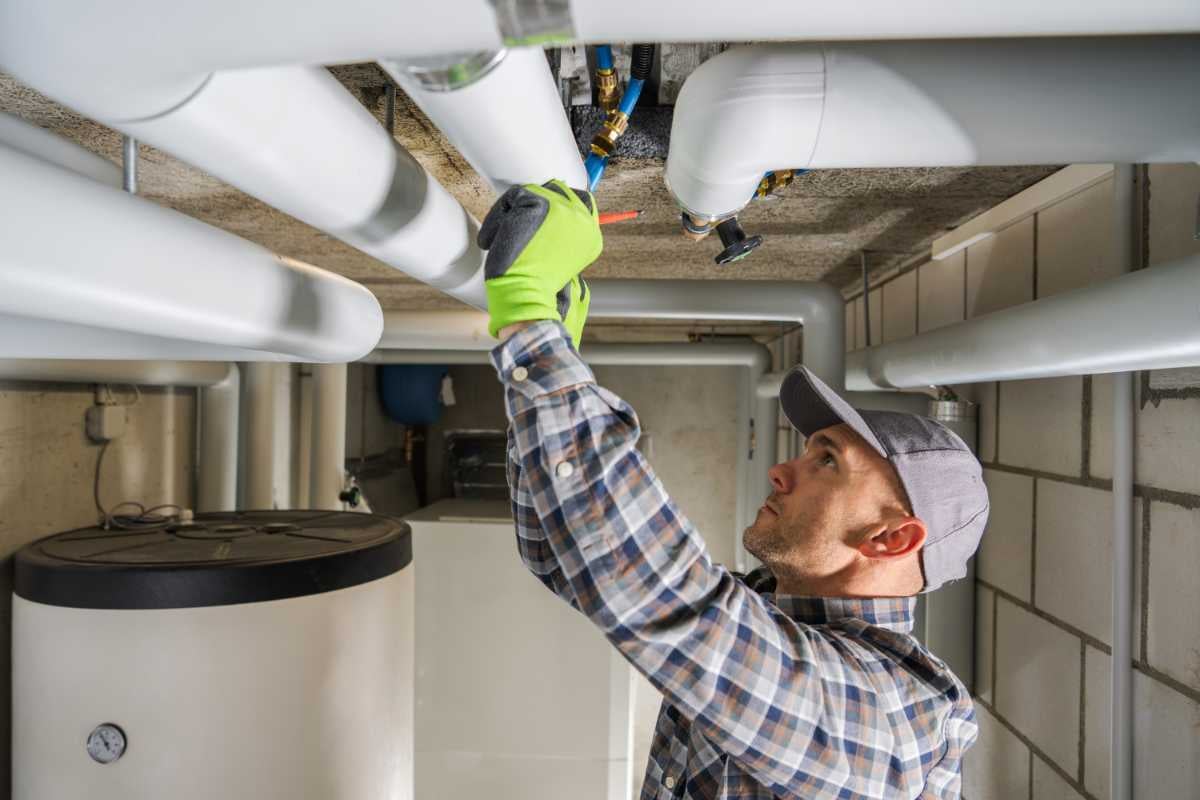 Plumber inspecting water pipes in a building system.-1