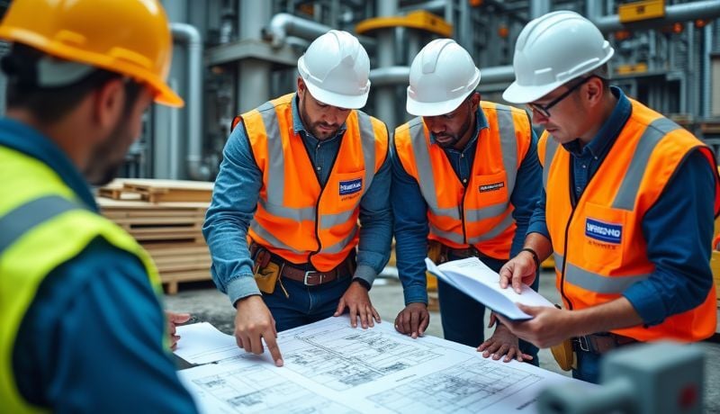 Professional engineers reviewing construction plans on site.