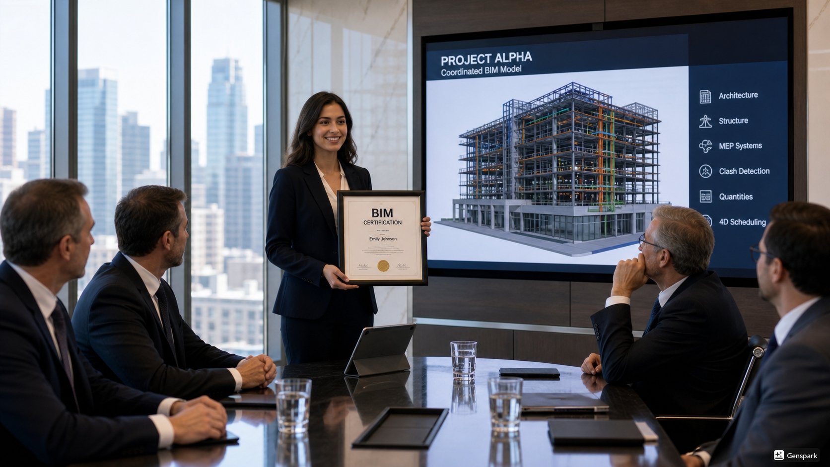 Professional presenting a BIM certificate and building model in a corporate boardroom.