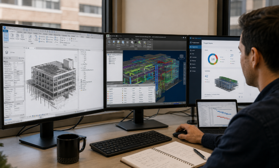Professional using a multi-monitor showing Revit, Navisworks, and project coordination tools