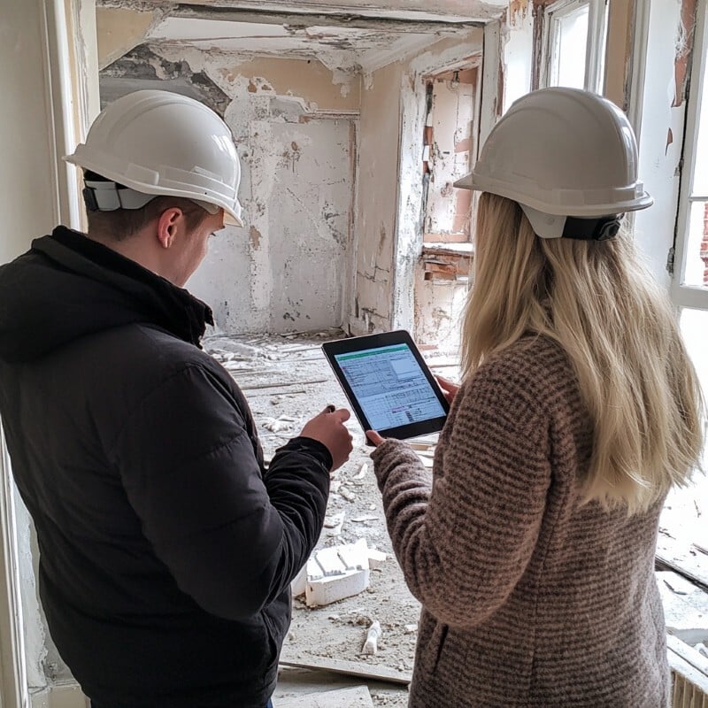 Quantity surveyor reviewing construction plans and project cost estimates.