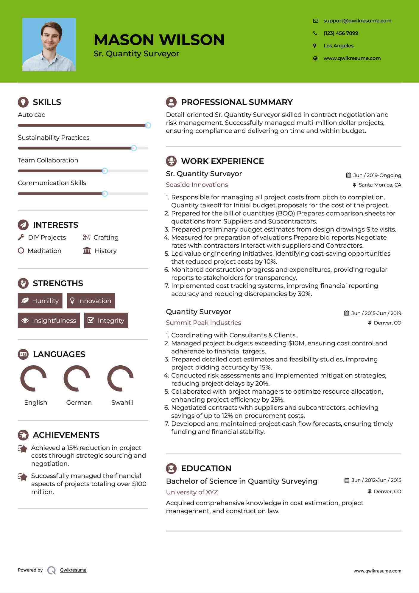 Quantity surveyor sample resume